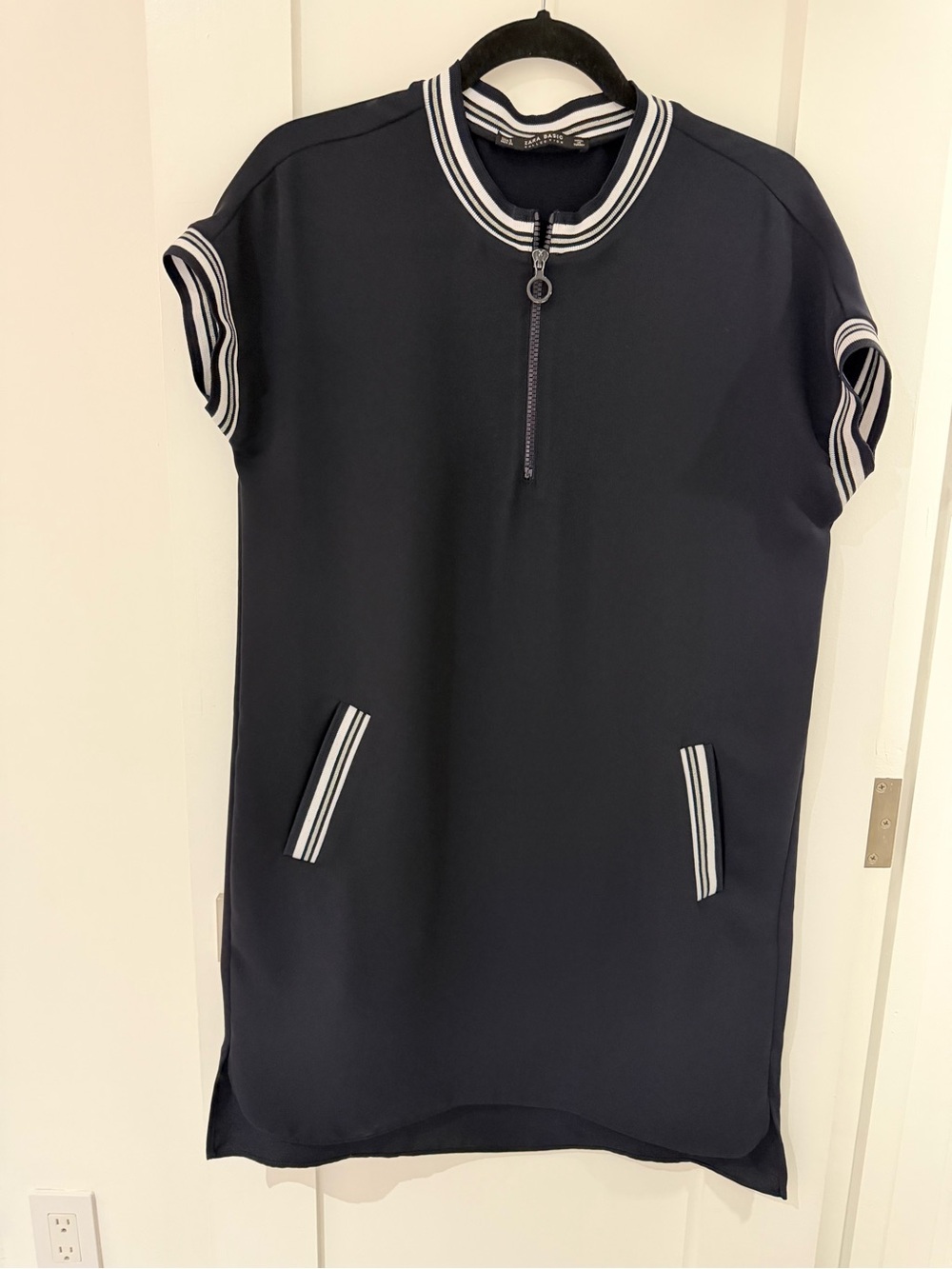 Zara Navy Short-Sleeve Zip-Front Mini Dress with Stripe Trim